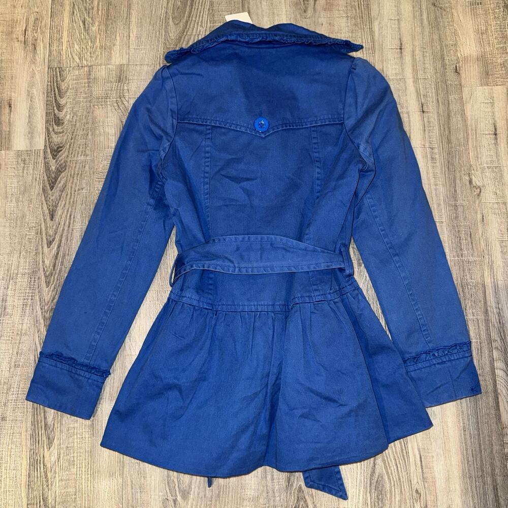 Aziz Women’s Blue Belted Trench Coat Jacket Size Small Ruffle Heart Lining - Picture 3 of 5